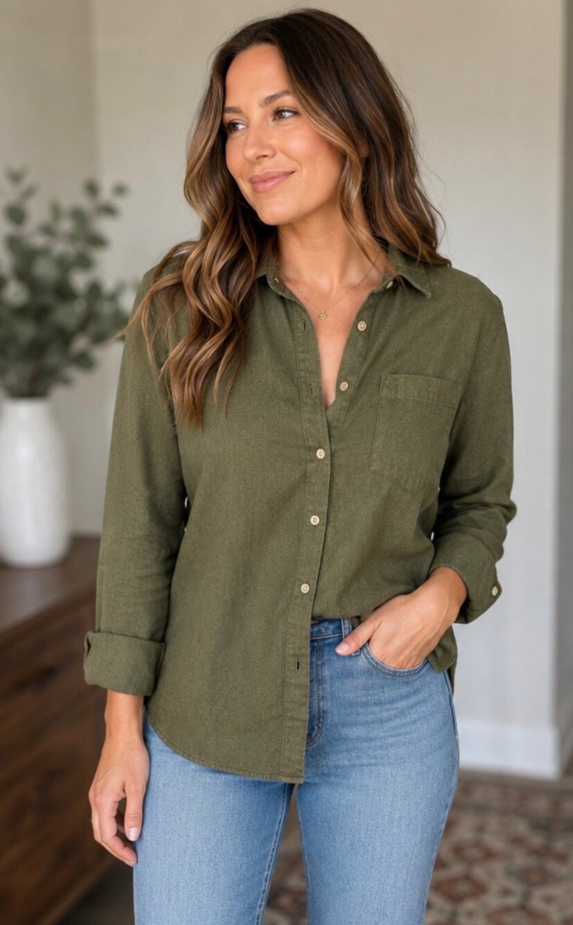Madewell Perfect Fit Olive Green 100% Cotton Button Down Shirt Size M